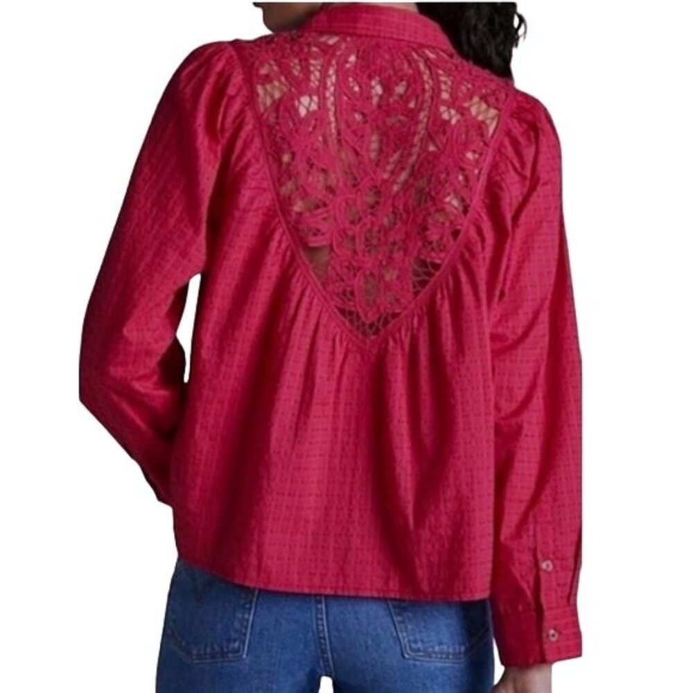 Womens Fuchsia‎ Button-Up Blouse With Lace Back Detail & Long Sleeves